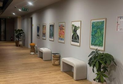 Corridor with art on the walls and potted plants.