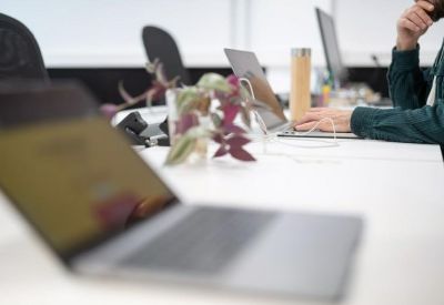 Close-up of a person working at a white desk with a laptop and a potted plant.