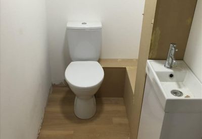 Private restroom with white toilet, vanity sink, and wood-effect flooring.