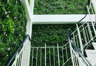 Modern staircase featuring a lush green living plant wall and white railings.