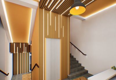 Modern stairwell featuring vertical wood slats, integrated strip lighting, and a green wall.
