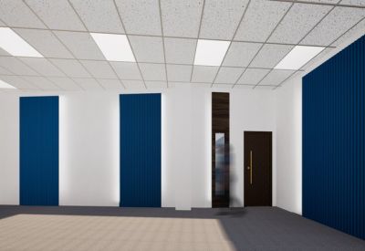Bright, empty office space with white walls and blue acoustic wall panels.