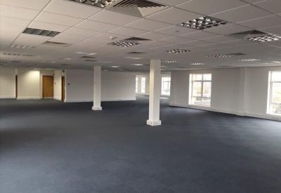 Spacious open-plan office area with blue carpeting, white support columns, and recessed ceiling lighting.