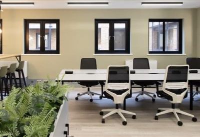 Open-plan workspace with white desks, ergonomic black and white chairs, and indoor greenery.