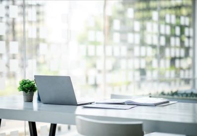 Bright office desk with a laptop and small potted plant against a window wall.