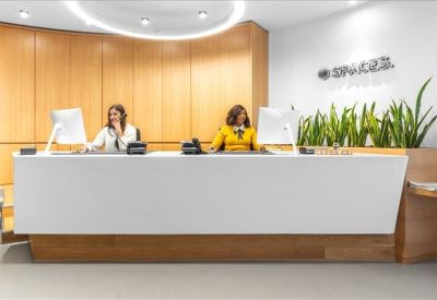 Professional reception area with a minimalist white desk, wooden paneling, and indoor greenery.