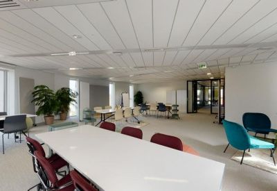 Bright open-plan workspace with a large white communal table, teal armchairs, and indoor plants.