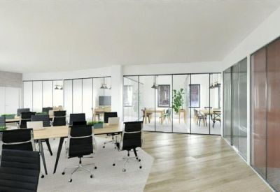 Contemporary meeting space divided by glass partitions with warm wood flooring.