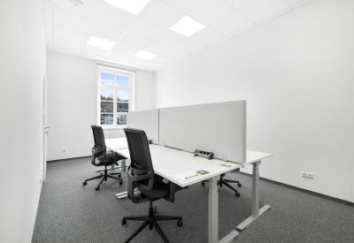 Minimalist two-desk office space with white privacy dividers and a bright window.