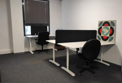 Bright office space with height-adjustable desks and graphic circular wall art.