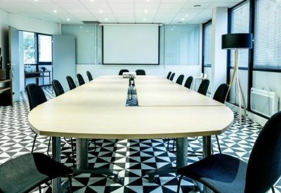 Large professional meeting room with a long oval table and geometric patterned carpet.