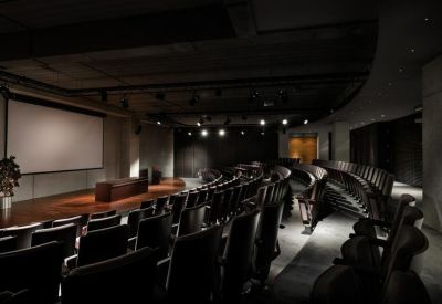 Dark-toned lecture hall or theater with tiered seating and a projector screen.
