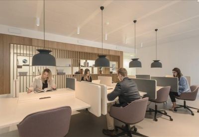 Shared coworking space featuring individual workstations with privacy dividers and stylish black lamps.