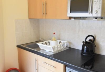 Compact kitchenette with wooden cabinetry, microwave, and red waste bin.
