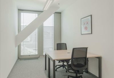 Private office for two with floor-to-ceiling windows and grey carpet.