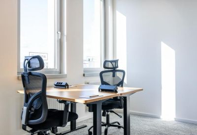 Bright shared workspace with two ergonomic mesh chairs and light wood sit-stand desks by windows.