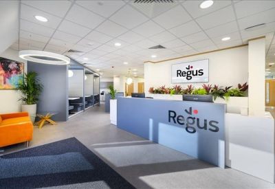 Branded reception area with a blue and white desk, orange armchair, and indoor greenery.
