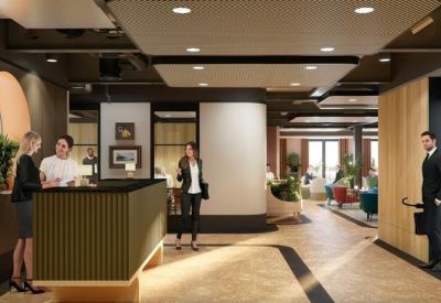 Reception desk with wood fluting and a circular interior window.
