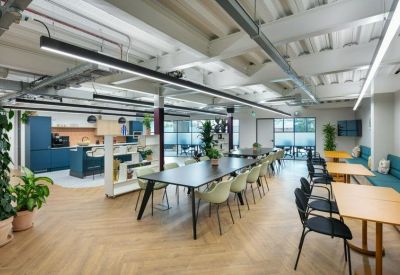 Spacious communal dining area and kitchen with wooden floors and blue cabinetry.
