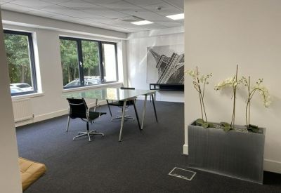Bright office space with a large glass desk and orchid arrangement.