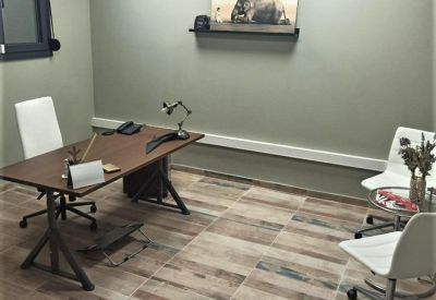 Private office suite with a wood-finish desk, white chairs, and an elephant portrait.