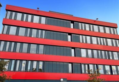 Reception area with a white desk, wood paneling, and bright yellow accent wall.