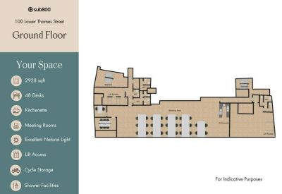 Ground floor plan showing desk layout, meeting rooms, and kitchenette.