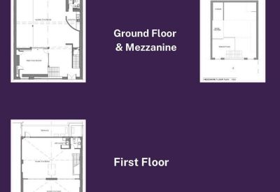 Architectural floor plans for the ground floor, mezzanine, and first floor levels.