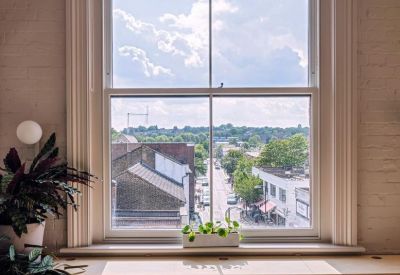 Bright coworking window desks with a view of the street and lush green plants.