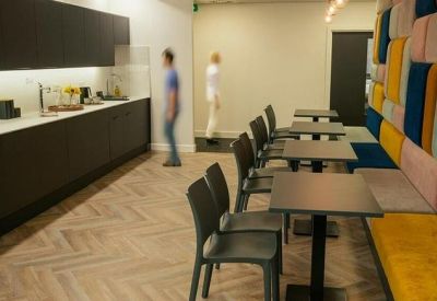 Office kitchen and break area with modern black cabinetry and a colorful padded accent wall.