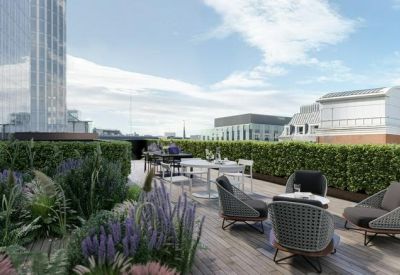 Lush rooftop terrace with outdoor seating, lavender plants, and views of surrounding city architecture.
