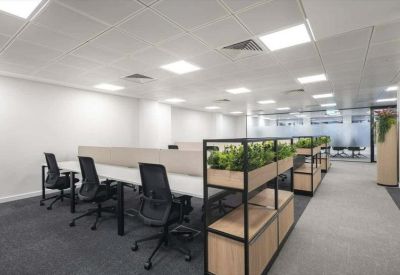 Open-plan office workspace with rows of desks, black chairs, and integrated greenery.