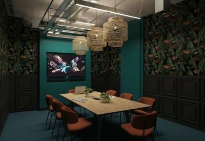 Meeting room with teal walls, botanical wallpaper, and wooden table under woven pendant lights.