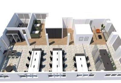 Bird's eye view floor plan showing a modern office layout with desks, meeting rooms, and breakout areas.