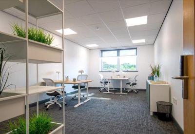 Private office suite with height-adjustable desks and white shelving with plants.