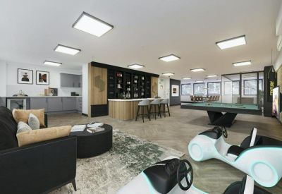 Stylish breakout area featuring a billiards table, wet bar, and lounge seating.