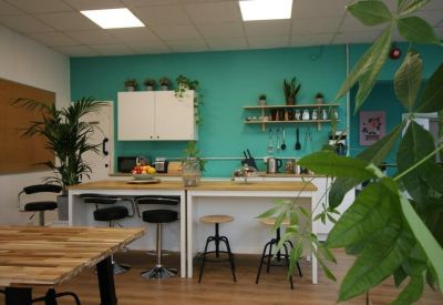 Kitchen area featuring a teal feature wall, wooden breakfast bar, and potted plants.