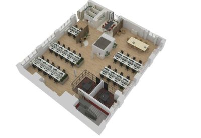 3D floor plan showing the layout of multiple desks, meeting rooms, and common areas.