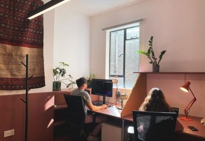 Two people working at partitioned wooden desks in a bright office space.