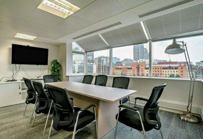 Sunlit conference room featuring a large monitor and views of the London skyline.