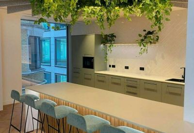 Sleek office kitchen featuring a long breakfast bar with vibrant teal stools and hanging plants.
