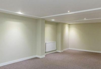 Spacious, empty open-plan office with grey carpeting and recessed lighting.