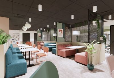 Modern communal area with turquoise booths, coral chairs, and hanging pendant lights.