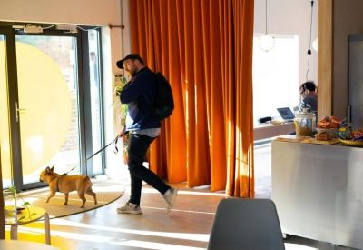Communal space with a person walking a dog past a large orange curtain.