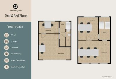 Floor plan diagram for the second and third floors showing desk layouts.