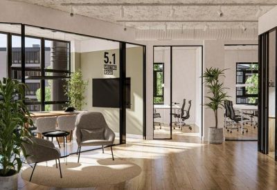 Lounge area with grey armchairs, a large potted plant, and glass-walled private offices.