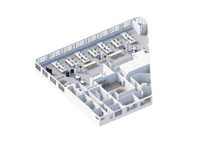 3D floor plan layout showing the arrangement of desks and private office suites.