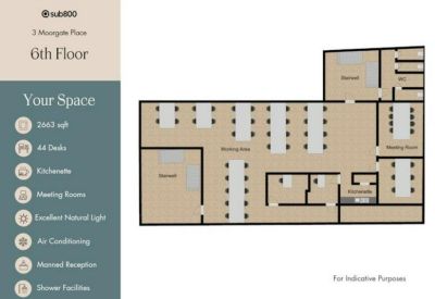 Floor plan diagram showing the layout of the 6th floor including desks and meeting rooms.
