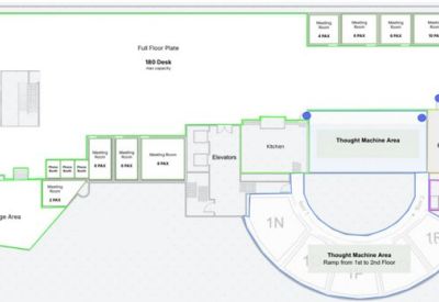 Technical floor plan showing the full floor plate, desk layout, and lounge areas.