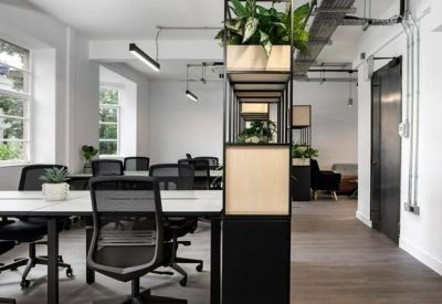 Open-plan office with white desks, ergonomic black chairs, and wood-toned room dividers with plants.